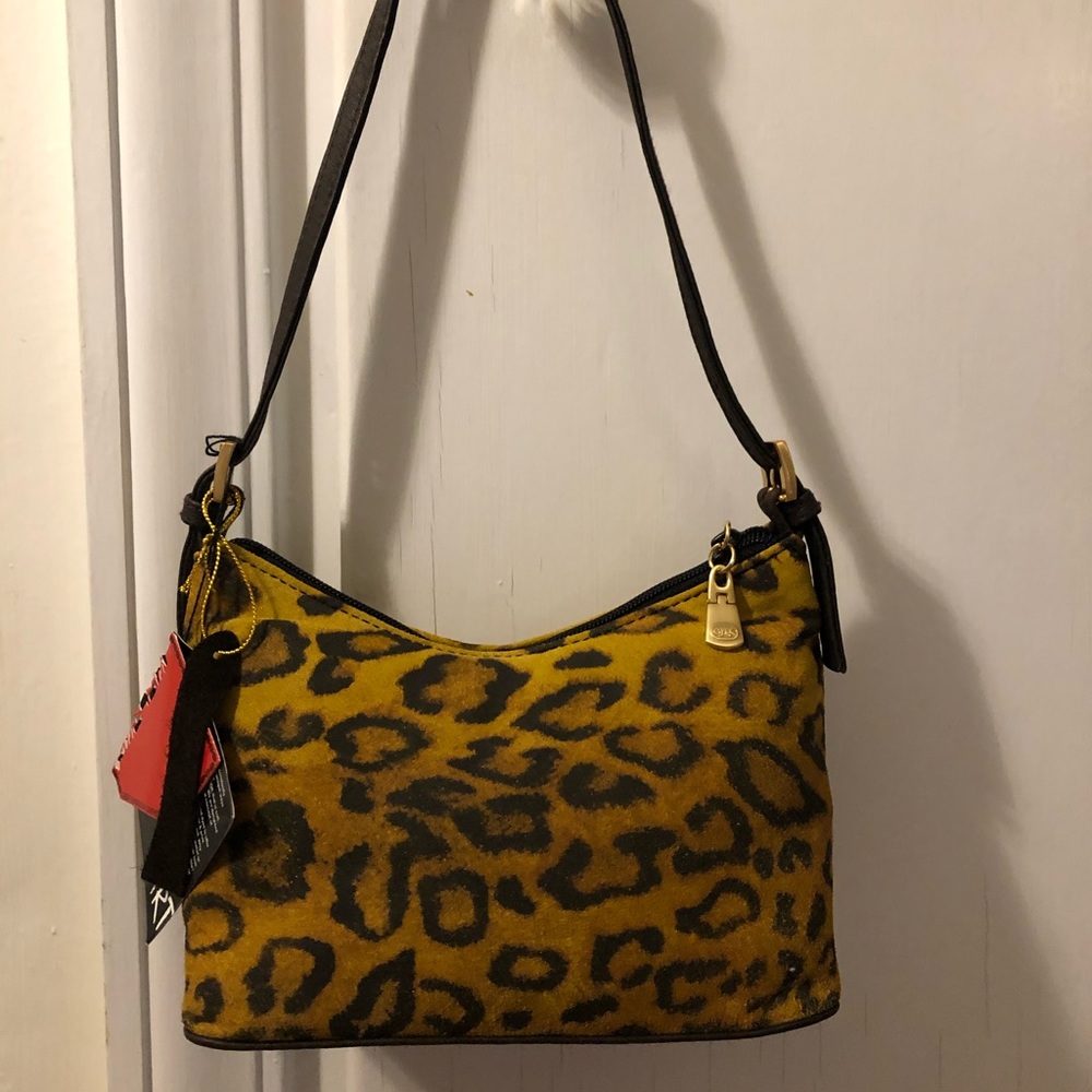 Leopard fabric print leather trimmed mini handbag